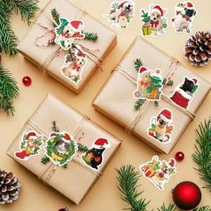 Detailed view of festive cat and dog Christmas stickers on kraft gift packaging