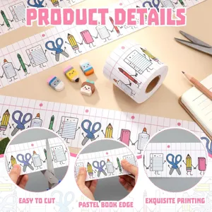 Detailed view of cutting and applying cartoon stationery bulletin board border stickers.