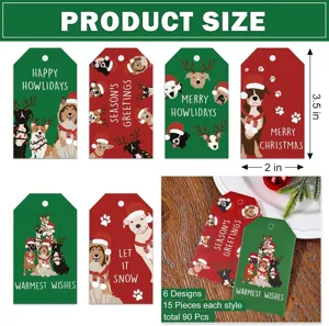 Detailed view of the 90-piece Christmas dog gift tags showing dimensions and variety