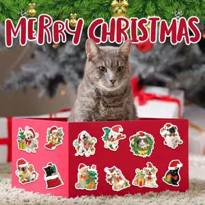 Festive Christmas animal stickers featuring cats and dogs on a red holiday gift box