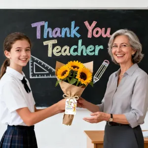 Detailed view of teacher appreciation gift tag attached to a flower bouquet