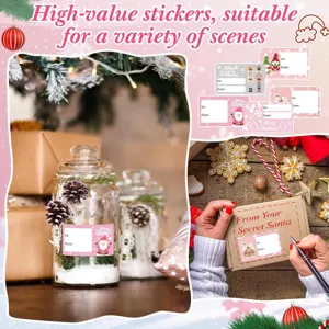 Gebruiksvoorbeelden voor roze kerstcadeaulabels op potten en geschenkdozen te schrijven.