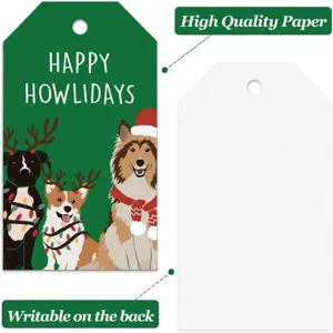 Festive Christmas dog gift tags featuring cartoon pets and a writable back for messages