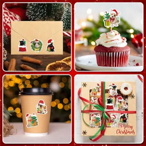 Christmas cat and dog stickers shown on gift boxes, envelopes, and cupcake toppers