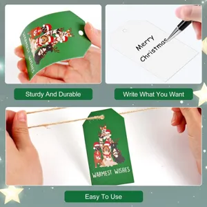 Detailed view of Christmas dog gift tags showing product durability and writing space.
