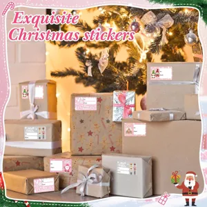 Roze kerstcadeau-labels met 'Aan' en 'Van' op verschillende ingepakte feestgeschenken