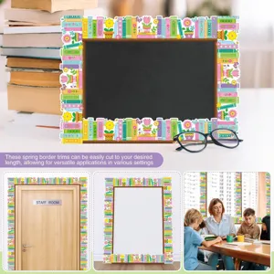 Gedetailleerde scènes van retro boek- en bloemrandstickers in een klaslokaal setting.