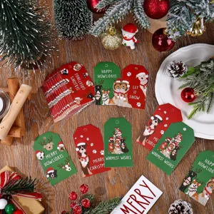 Festive set of 90 Christmas gift tags featuring cute dog patterns and holiday greetings