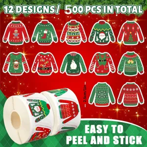 Detailed view of 12 Christmas sweater sticker designs on a 500-piece adhesive roll