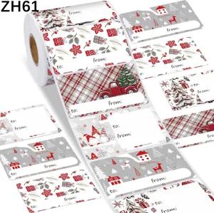 Detailweergave van feestelijke kerstcadeaustickers met kabouters en rendierprints