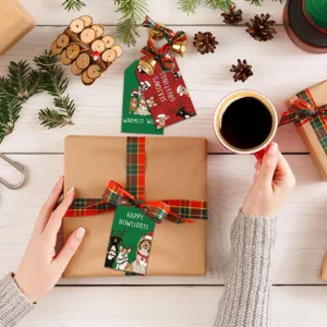 Festive Christmas gift tags featuring cute cartoon dogs on wrapped gift boxes and wood table.