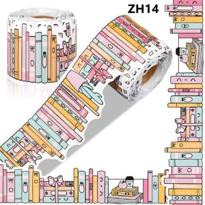 Detailed pattern of cartoon book bulletin board border stickers with scalloped edges.