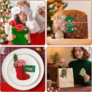 Festive Christmas gift tags featuring cartoon dogs in various holiday gift settings