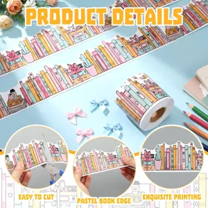 Detail view of pastel book-themed bulletin board border stickers for classroom decor.
