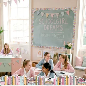 Pastel cartoon stationery bulletin board border decoration in a school classroom setting