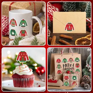 Various usage scenarios of Christmas sweater stickers on mugs, envelopes and gift bags
