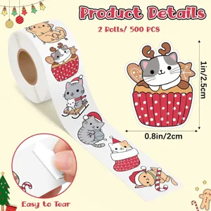Christmas cat stickers detail showing 2 rolls 500 pcs size and easy peel feature