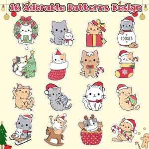 Collage of 16 adorable Christmas-themed cartoon cat sticker designs for gift wrapping