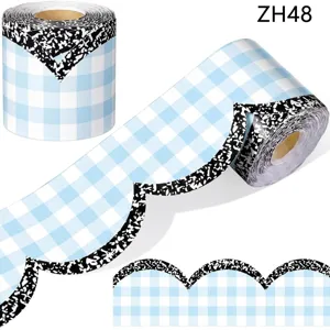 Borde de Tablón de Anuncios de Cuadros Azul Claro Borde Festoneado Rollo de Pegatina Decoración de Aula Escolar