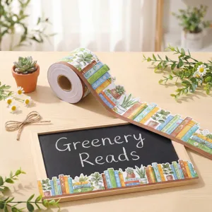 Detailopname van de decoratieve krijtbordrandsticker met planten- en boekenprint