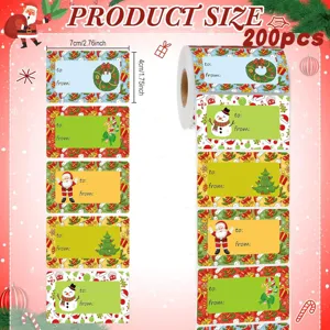 Gedetailleerd overzicht van kerstcadeaustickers met afmetingen en diverse patronen