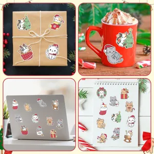 Four-panel collage showing Christmas cat stickers on gift box, mug, and laptop