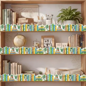 Detail van de vintage boeken en vetplanten randsticker op een houten boekenplank