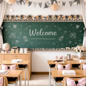 Detailed view of black and white plaid bow bulletin board border on a classroom chalkboard