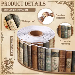 Gedetailleerd overzicht van 10m vintage boekenrug prikbordrand, waterbestendig materiaal.
