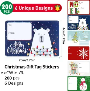 Details van 200 stuks kerstcadeaustickers met 6 unieke feestelijke ontwerpen
