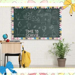 Scalloped bulletin board border sticker used on a chalkboard in a classroom setting