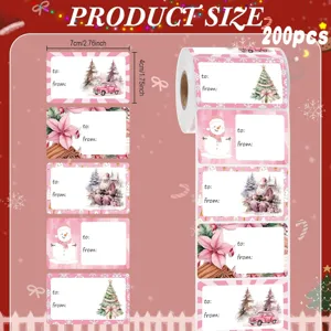 Gedetailleerde maatinformatie en patronen van de roze kerstcadeaulabelstickers