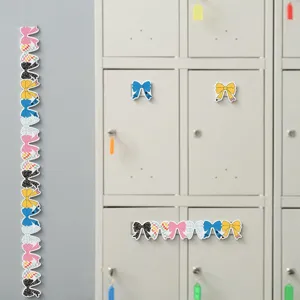 Decorative cartoon bow and pencil bulletin board border stickers applied on metal lockers