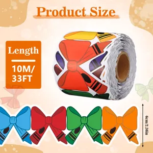 Detail view of 10m cartoon bow and crayon themed bulletin board border sticker roll
