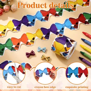 Close-up of crayon bow bulletin board border stickers showing easy-to-cut feature