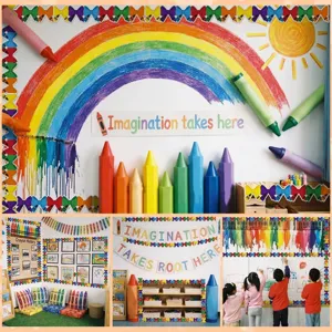 Classroom bulletin board borders with colorful bow-tie patterns and crayon decorations
