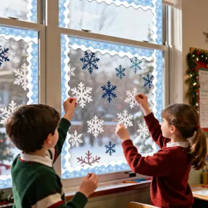 Two children decorating a window with blue winter snowflake bulletin board borders.