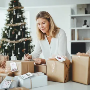 Woman writing on festive Christmas gift tags with gnome designs for holiday gifts.