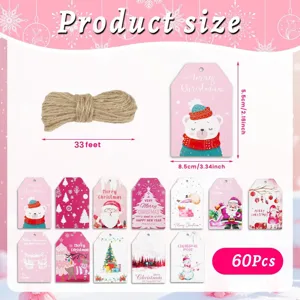 Set of 60 Christmas gift tags with cute bear and Santa designs including twine roll