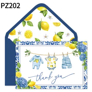 Babyparty Dankeskarte mit Aquarell Zitronen-Design und passendem blauem Umschlag