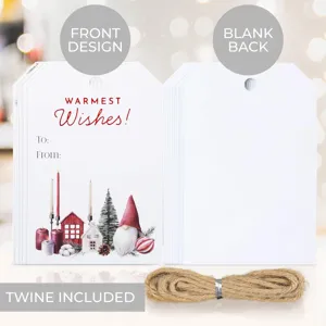 Set of 48 Christmas gnome gift tags with jute twine included, front and back view
