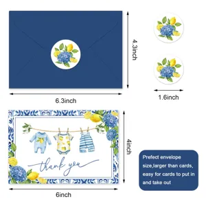Böhmisches Blumen-Dankeskarten-Set mit marineblauem Umschlag und Aufklebermaßen