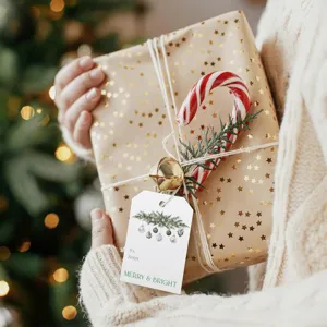Detail of 'Merry & Bright' Christmas gift tag on a wrapped present with candy cane