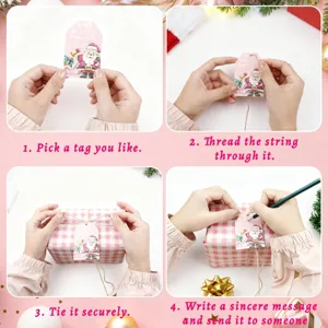 Instructional guide showing how to attach festive Santa Claus gift tags to presents