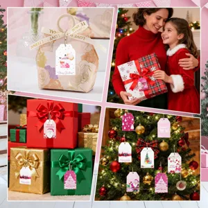 Festive Christmas gift tags collage showing Santa and tree designs on gift boxes