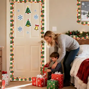 Christmas bulletin board borders and snowflake stickers decorating a room door at home