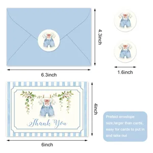 Detaillierte Ansicht des Boho Baby Dankeskarten-Sets mit blauen Umschlagabmessungen