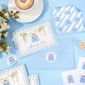 Aquarell Baby Junge Dankeskarten-Set mit Umschlägen und Aufklebern in Hellblau.