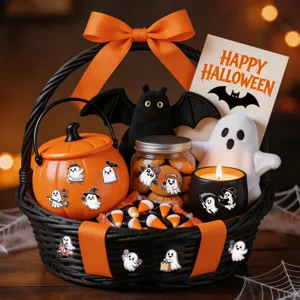 Süße Geist-Aufkleber zur Dekoration eines Halloween-Geschenkkorbs mit Kürbis und Süßem.