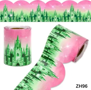 Fantasy green castle pattern bulletin board border trim with scalloped pink edges